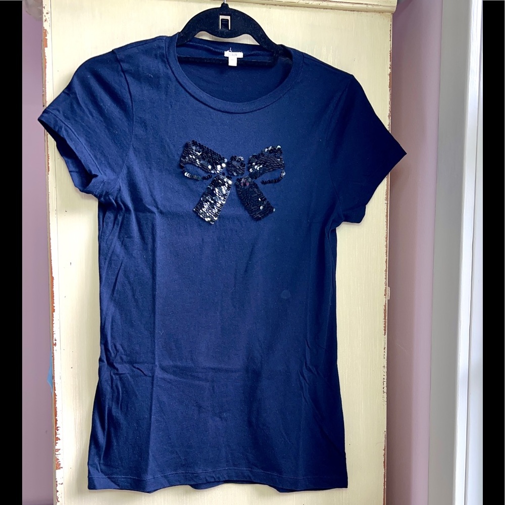 J. Crew Vintage Graphic Navy Tee w/ Black Sequined Bow. Size Med. Soft.